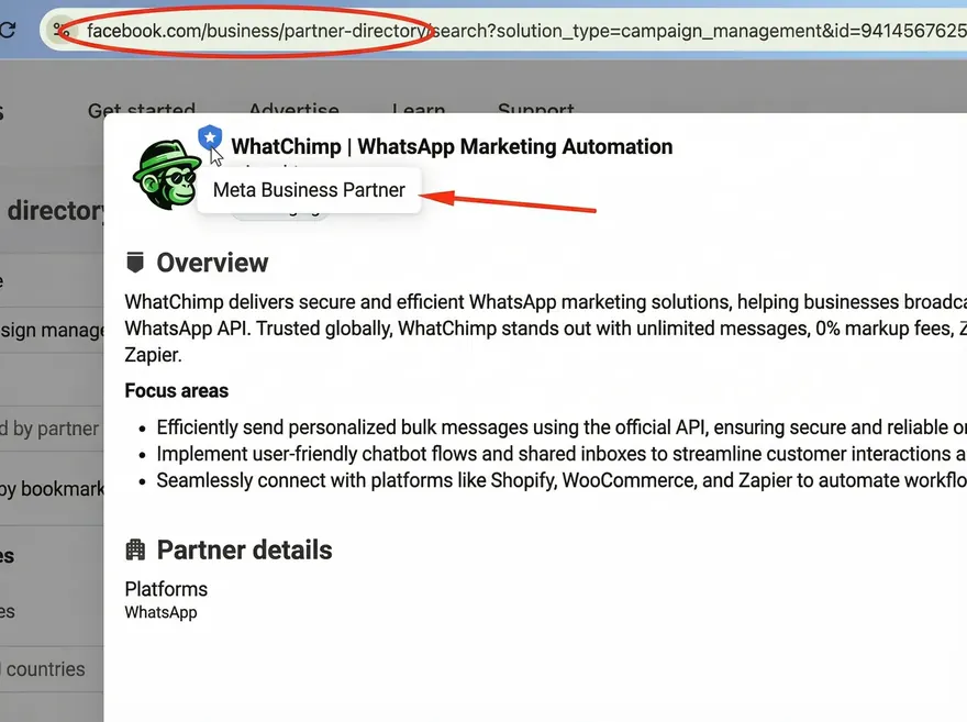 WhatChimp's listing in Meta's partner directory, marked Meta Business Partner