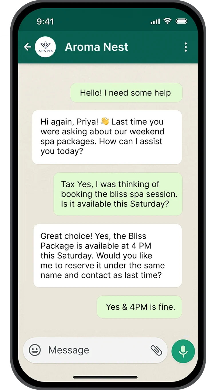 A support conversation in WhatsApp: the business remembers the customer and books her session