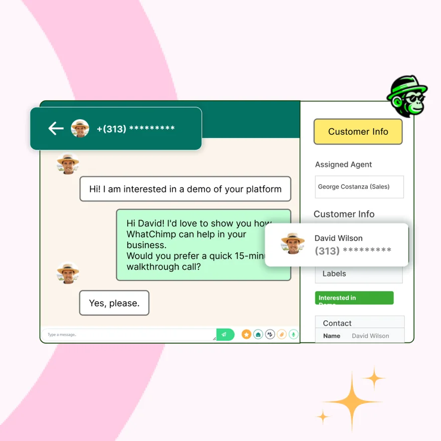 A chat where the customer’s phone number is masked for the agent